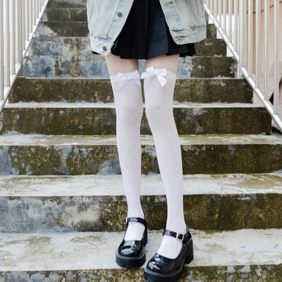 Opaque Bow Knee High Socks New Women Black White Sexy Thigh High Stockings over Knee Long Tights for Girls Ladies