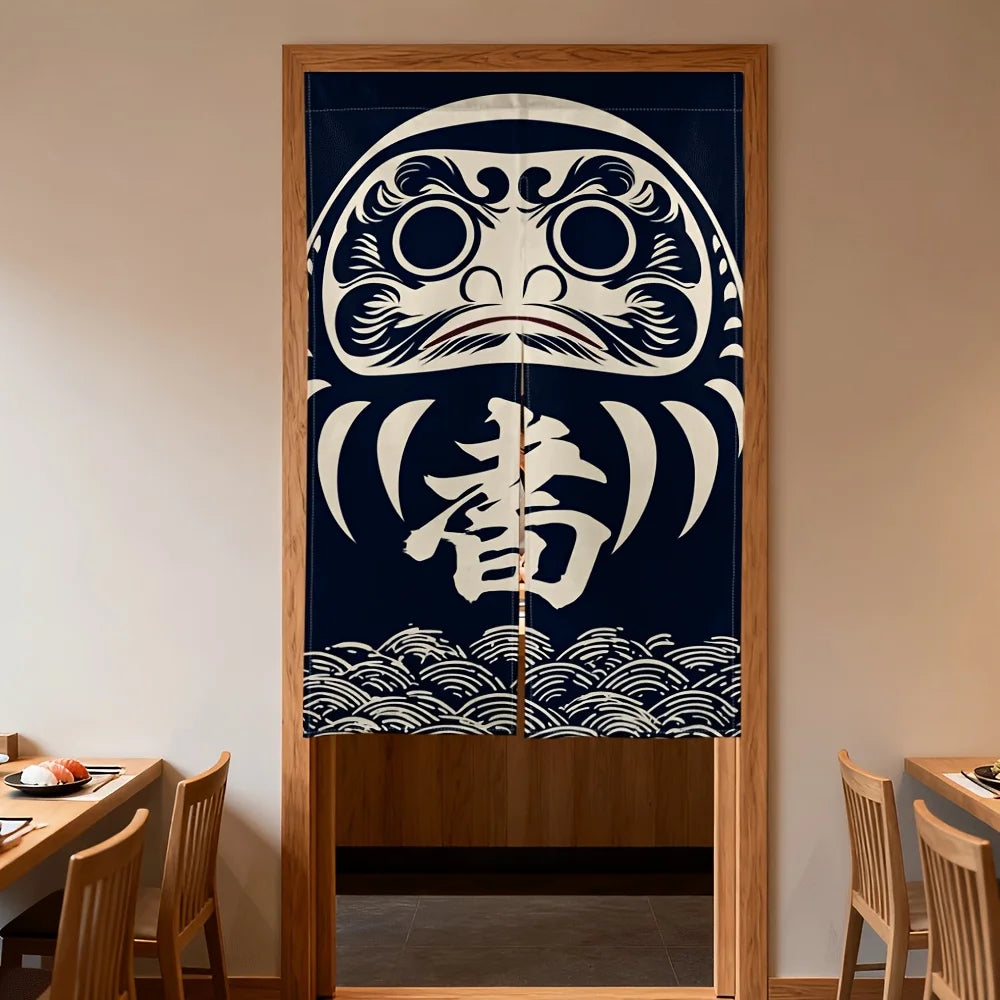 VIKAMA Traditional Japanese Daruma Noren Door Curtain, Navy Blue Daruma Print Room Divider For Restaurant & Home