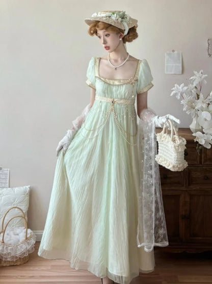 Handmade Regency Empire Waist Lolita Gown Women Vintage Green Beaded Lace Formal Dress Harajuku Elegant Party Outfit Chic Retro