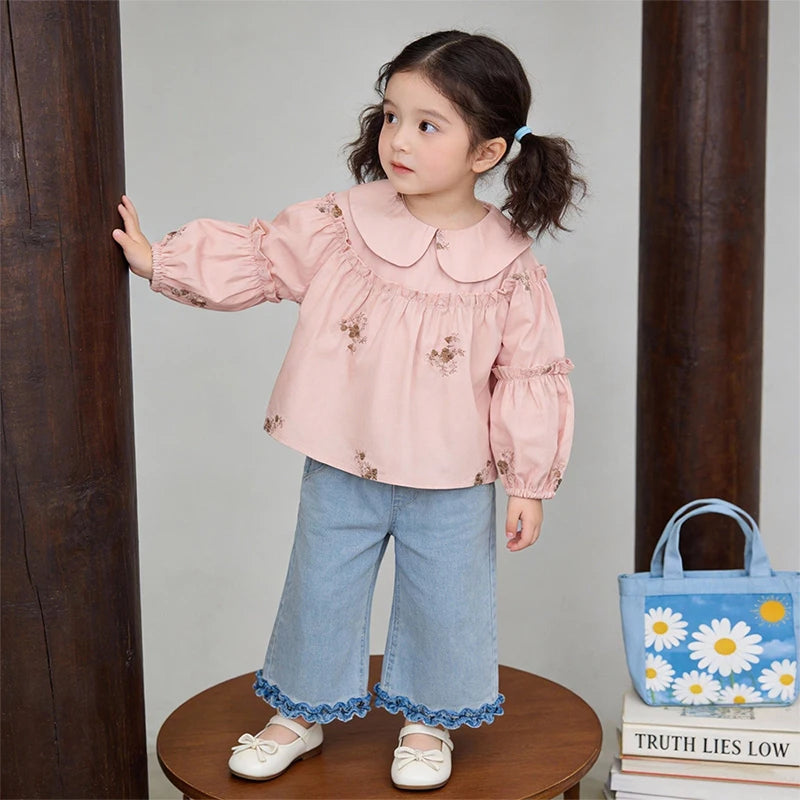 Girls' Shirt 2026 New Children Spring and Autumn Baby Shirt Top Little Girl Western Style Flower Embroidered Shirt