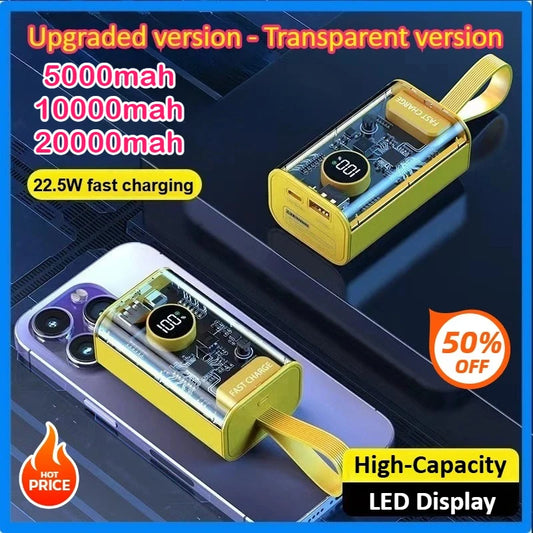 20000mAh Portable Power Bank Fast Charging for Apple Samsung Huawei Mobile Phone USB/Type-C Transparent External LED Screens
