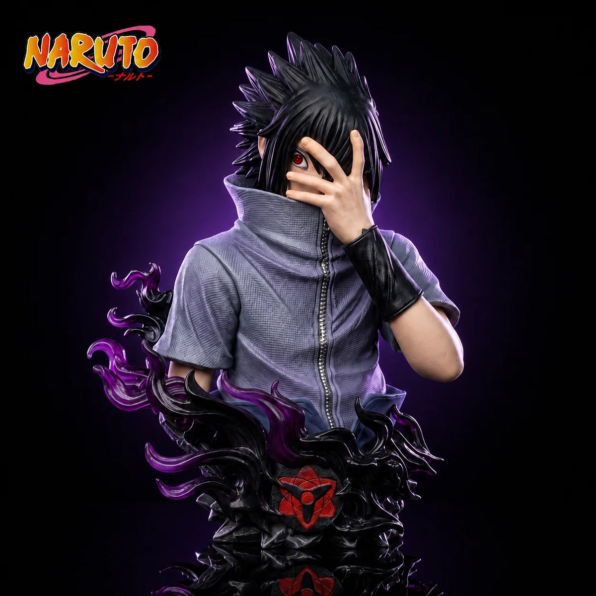 14cm Anime Naruto Uchiha Sasuke Bust Figure Mangekyou Sharingan Curse Mark Purple Flame Effect Statue High Detail PVC Figurine H