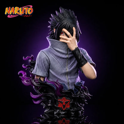 14cm Anime Naruto Uchiha Sasuke Bust Figure Mangekyou Sharingan Curse Mark Purple Flame Effect Statue High Detail PVC Figurine H