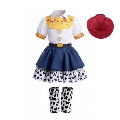 2026 Cool Girl Western Cowgirl Suit Double Layer Cow Print Skirt With Leg Warmers Kid Toy Party Movie Costume Fancy Jessie Dress