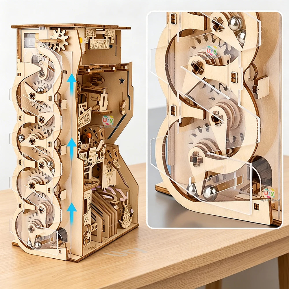 Ury 3D Wooden Puzzle Electric Track Device Marble Run Book Nook Set Counter Current Compass Model Ball Maze Assembly Gift