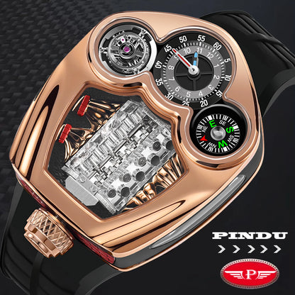 PINDU Design NEW Engine Series Quartz Watch Men Stainless steel Compass Waterproof Swiss quartz 762 movement watch TOP-luxurious