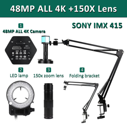 4K Microscope For Electronics 48MP Digital Microscope Camera Optional 1-150x Lens LED Light Foldable Bracket Phone Pcb Soldering