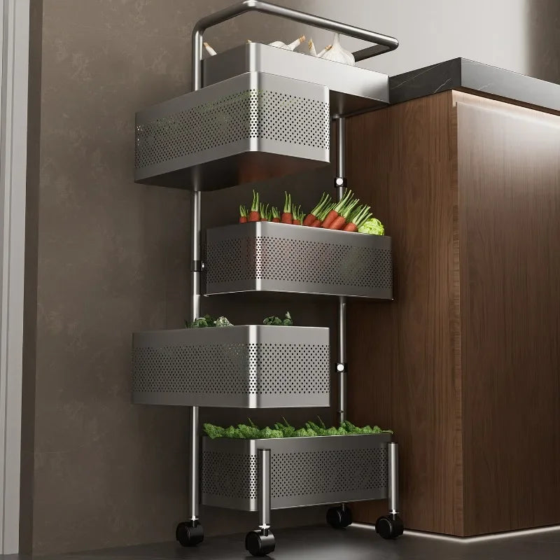 Rotating Kitchen Storage Cart Multi-Tier Basket for Vegetables Snacks Space Saving Corner Pantry Shelf Mobile Metal Mesh Trolley