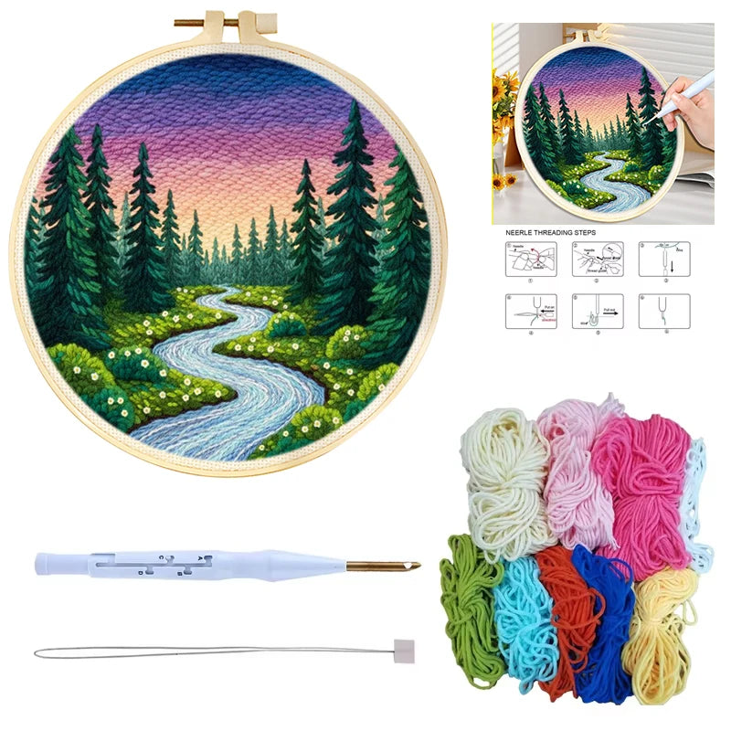 Punch Needle Embroidery Starter Kits Scenery Pattern for Adults Beginners DIY Craft Punch Needle Kits Embroidery With Frame