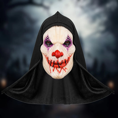Horror Clown Latex Mask with Black Hood - Scary Stitched Face Mask for Halloween, Carnival, Music Festivals & Prank Gifts