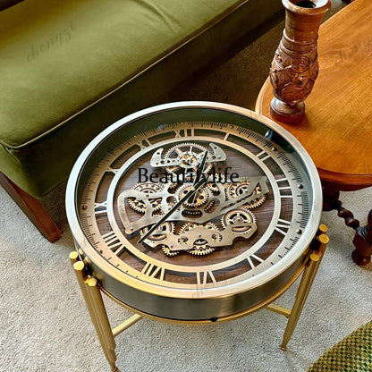 Retro high-end light luxury Nordic style clock gear American living room sofa side table small coffee table tempered glass