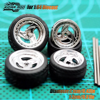Kicarmod 1/64 Model Car ABS Wheels with Rubber Tire Metal Rims Front Small Rear Large Refitting Parts For Model Car