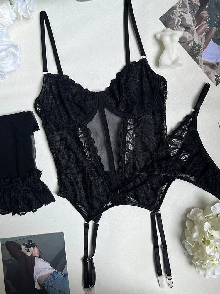Toucheart Sexy Lingerie Onesie Women Sexy Lace Patchwork Mesh See-through Solid Color Garters Underwear Sexy Suspender Jumpsuit