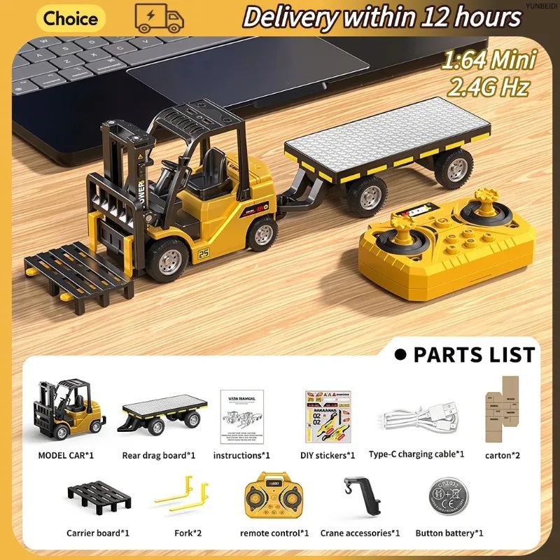 1:64 Mini Remote Control Alloy Excavator Truck Forklift with Trailer Worktop  Bluetooth 2.4GHz RC Car Child's Toy Holiday Gifts