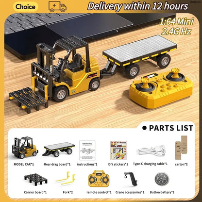 1:64 Mini Remote Control Alloy Excavator Truck Forklift with Trailer Worktop  Bluetooth 2.4GHz RC Car Child's Toy Holiday Gifts