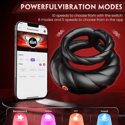 Double Ring Penis Ring Vibrator with 10 Vibrations APP Control Delayed Ejaculation Enhanced Pleasure Male Adult Sex Toys
