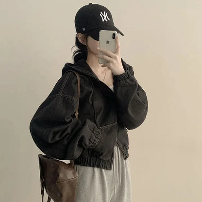 Korean Lazy Chic Autumn Retro Style Zipper Universal Loose Casual Long Sleeve Hooded Short Light Denim Jacket