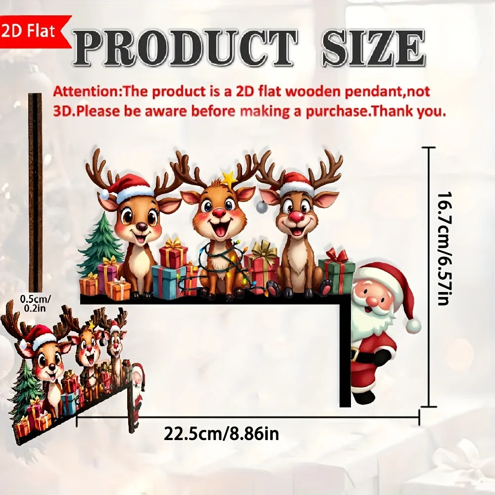 1Pcs 2D Christmas Corner Sign Elk Gift Santa Claus Frame Wooden Door Sitter Home Wall Decors Festive Xmas Decor Gifts