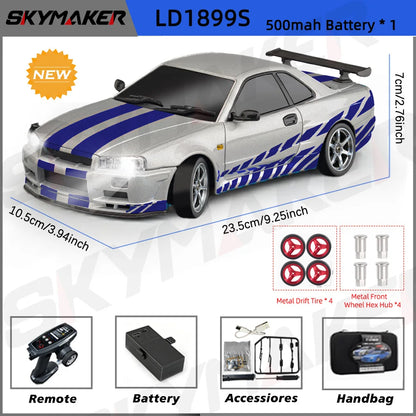 Skymaker LDRC 1/18 RC Drift Car LD1899 GTR Mode R34 2.4GHz RWD with Gyroscope on-Road Alloy Body Shell Racing Car for Boys Gifts
