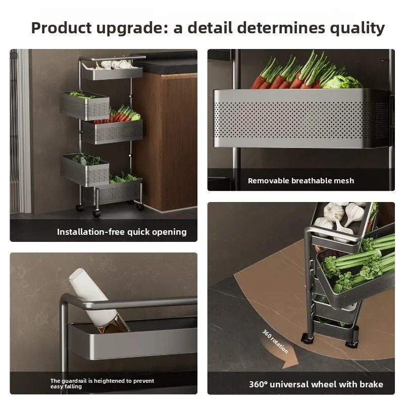 Rotating Kitchen Storage Cart Multi-Tier Basket for Vegetables Snacks Space Saving Corner Pantry Shelf Mobile Metal Mesh Trolley