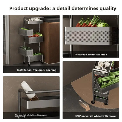 Rotating Kitchen Storage Cart Multi-Tier Basket for Vegetables Snacks Space Saving Corner Pantry Shelf Mobile Metal Mesh Trolley