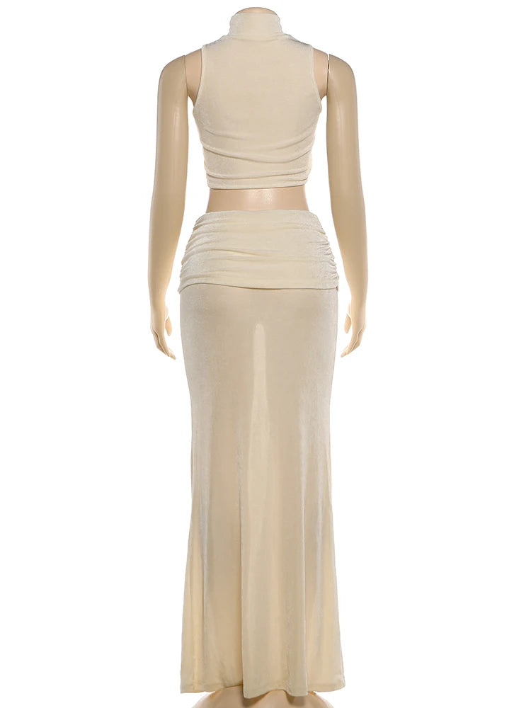 Weird Puss Elegant Banquet 2 Piece Set Women Sexy Bead Patchwork Turtleneck Tank Top+Ruched Mesh Hem Skirts Chic Party Clubwear