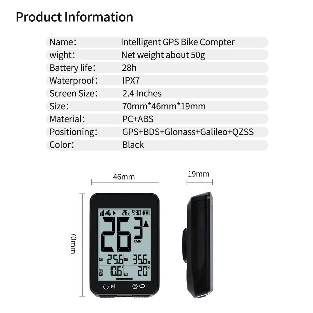 GPS Bike Computer Wireless Bicycle Computer 2.4 LCD Screen Cycling Speedometer Odometer with Auto Backlight and Bracket