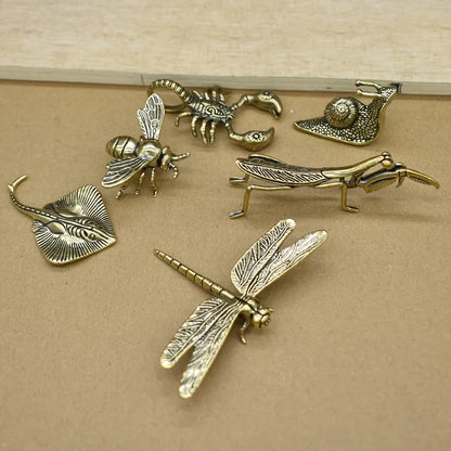 Set of 6 Solid vintage Brass Multi-Style Ornaments, Creative Sculptures of Animals and Plants