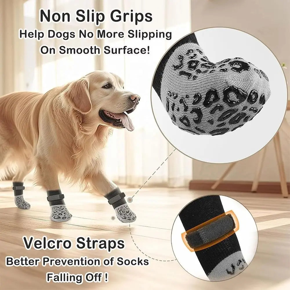 4PCS Anti-Slip Cozy Dog Socks Adjustable Band Anti-Scratch Knitted Socks Cotton Strong Grip Paw Protector Wooden Floors