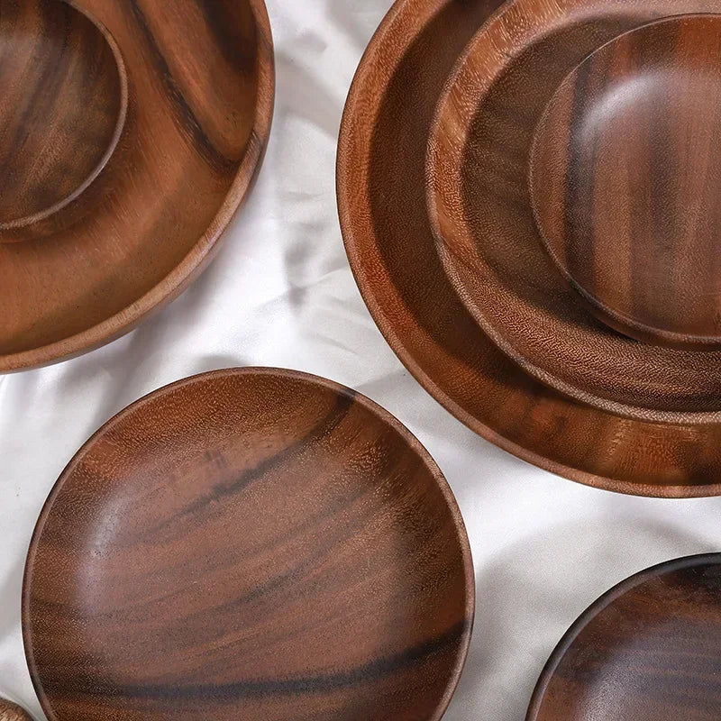 Wood Round Fruit Dish Household Dim Sum Fruit Salad Dish Baby Fall Proof Wooden Bowl Whole Japanese Acacia Wood Thickened Dish