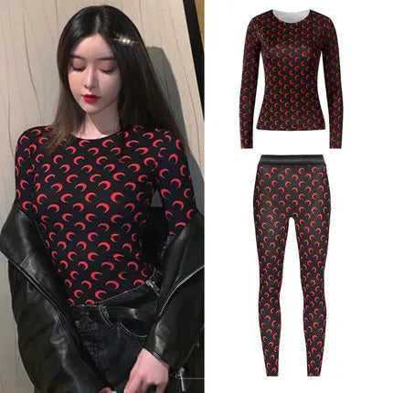Ice Silk Two Piece Set Womens Sun Protection Clothes Long Sleeve Moon Print Top and Pants American Retro Sexy Autumn New