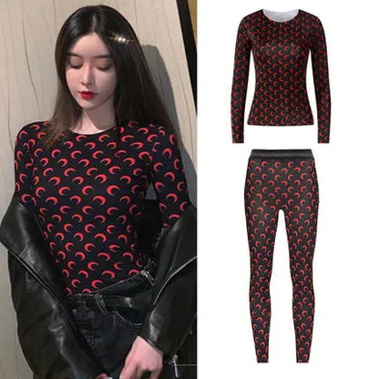 Ice Silk Two Piece Set Womens Sun Protection Clothes Long Sleeve Moon Print Top and Pants American Retro Sexy Autumn New