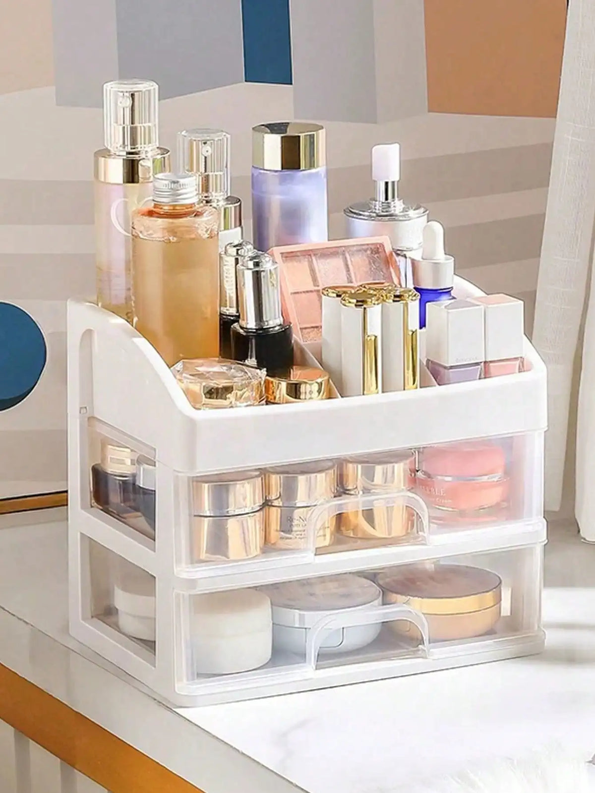 1pc large capacity cosmetic case organizer, dust-proof waterproof jewelry box, cosmetics storage box, multi-layer shelf display,