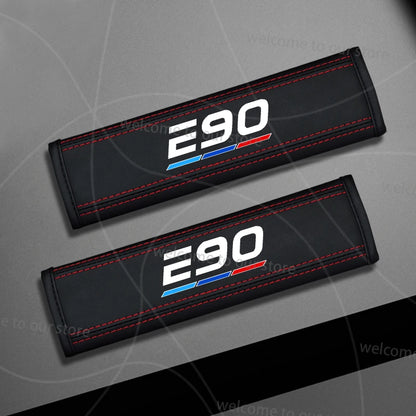 2pcs/set Car For E91 E92 E90 E Series Emblem Flag Of Tricolor Logo Leather Styling Seat Belt Cover Padding Pad Accessories