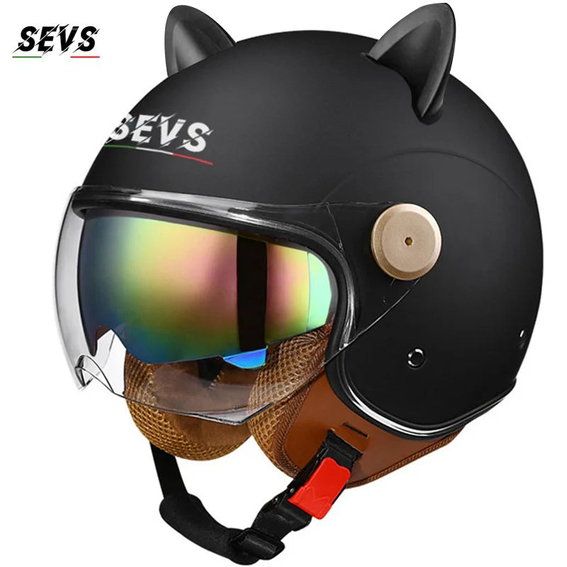 Motorcycle Helmet Retro 3C & DOT Certified Half Face ABS Helmet Dual Visor Hidden Sun Shield Removable Cute Cat Ears