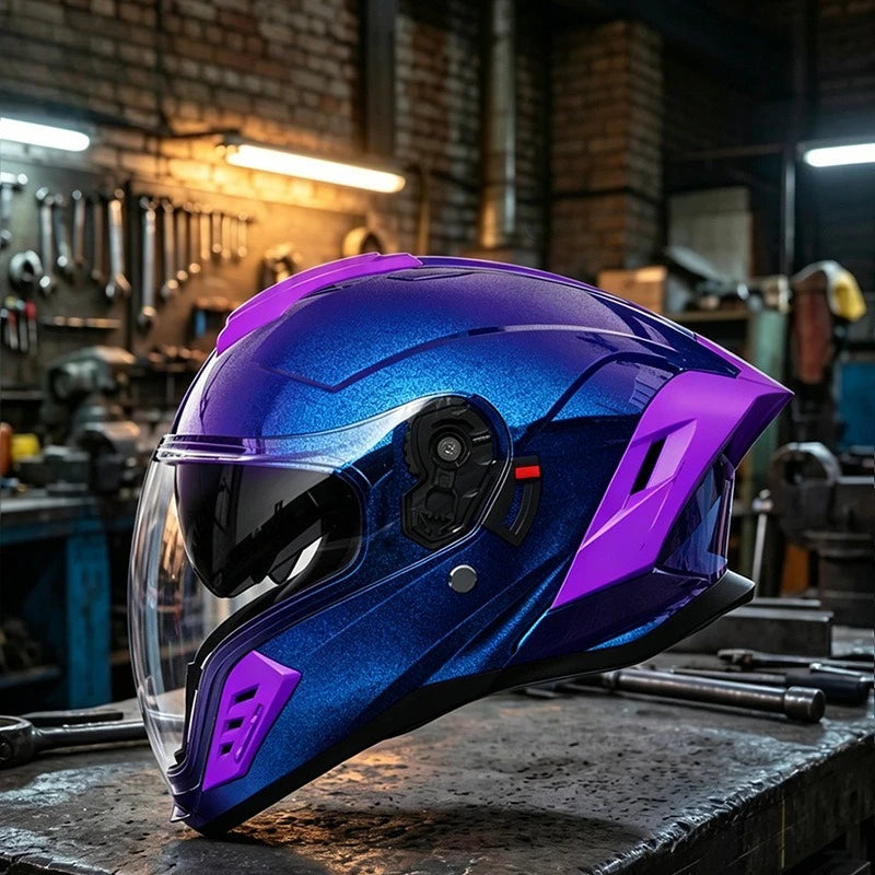 New Motorcycle Dual Lens Exposed Face Helmet Men's and Women's Four Season Models Large Tail Wing Motorcycle Full Face Helmet