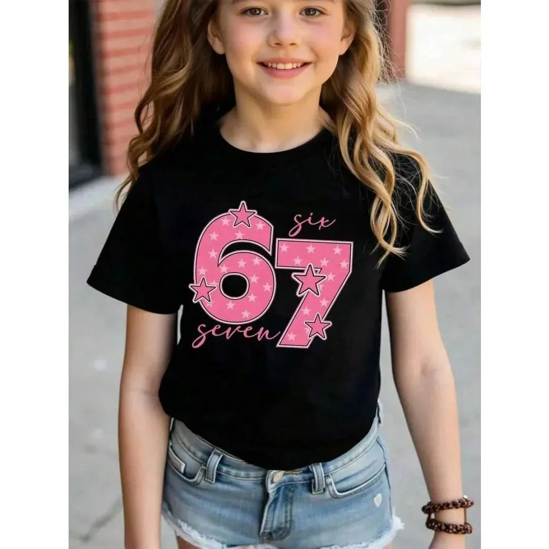 Children's 67 Christmas Elf Print Girls Short Sleeve Round Neck Tee Parties Casual Wear Comfort Children Clothes Girl Clothing