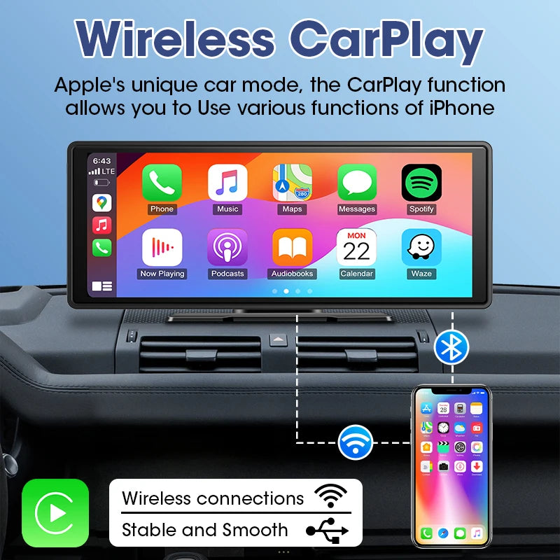 10.26 inch Car Mirror Radio Multimedia Video Player Universal Wireless Carplay Android Auto IPS Screen With Bluetooth FM AUX