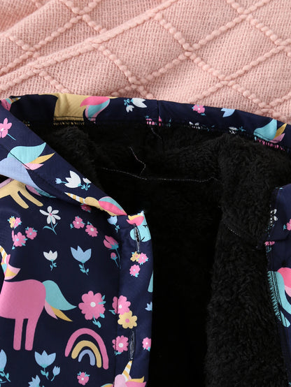 Autumn And Winter Girls' Unicorn Flower Printed Jacket With Plush Insulation Long Sleeved Casual Hooded Jacket