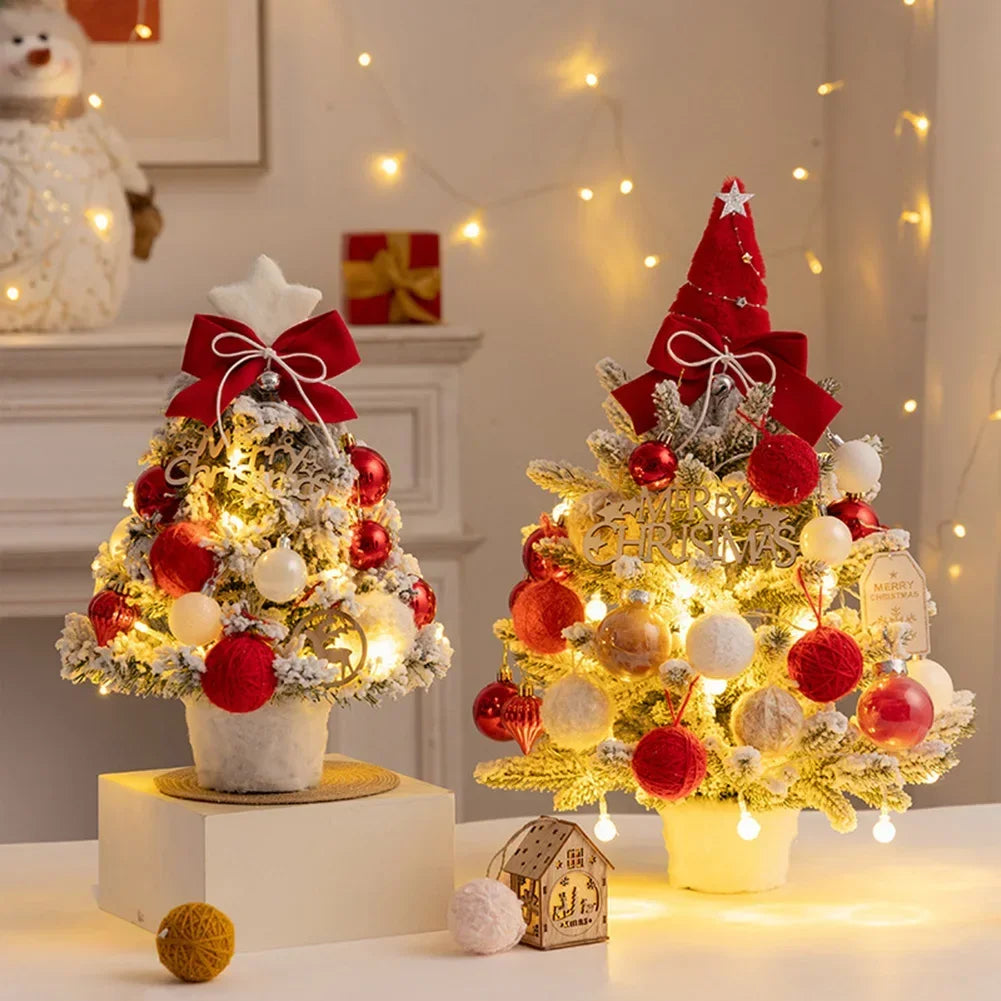2025 Mini Flocking Christmas Tree with Golden Red Ball Led Lights Desktop New Year Home Christmas Decorations