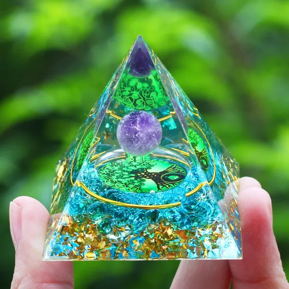 Energy Pyramid Orgonite Reiki Natural Amethyst Ball Healing Crystals Chakra Tool Ornaments Resin Stones Craft Kids Gift