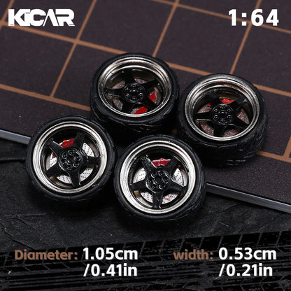 Kicarmod 1/64 10.5mm Alloy Model Wheels with Magnetic Hub Caps-with Rubber Tires for Tomica Custom Diecast Cars