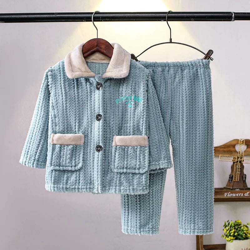 Girls' sleepwear long sleeved flannel children's sleepwear autumn and winter coral fleece boys' baby children's home Clothing se