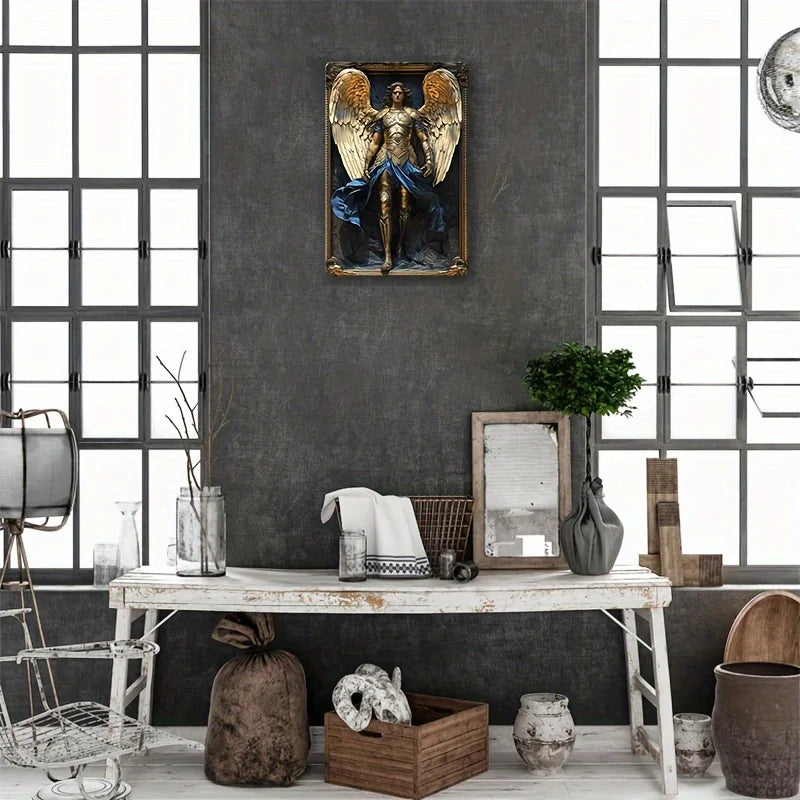 Boho Style Aluminum Archangel Michael Wall Hanging Sign, Religious Theme, Square Decor for Home, 8x8Inch/11.8x11.8Inch, 1pc