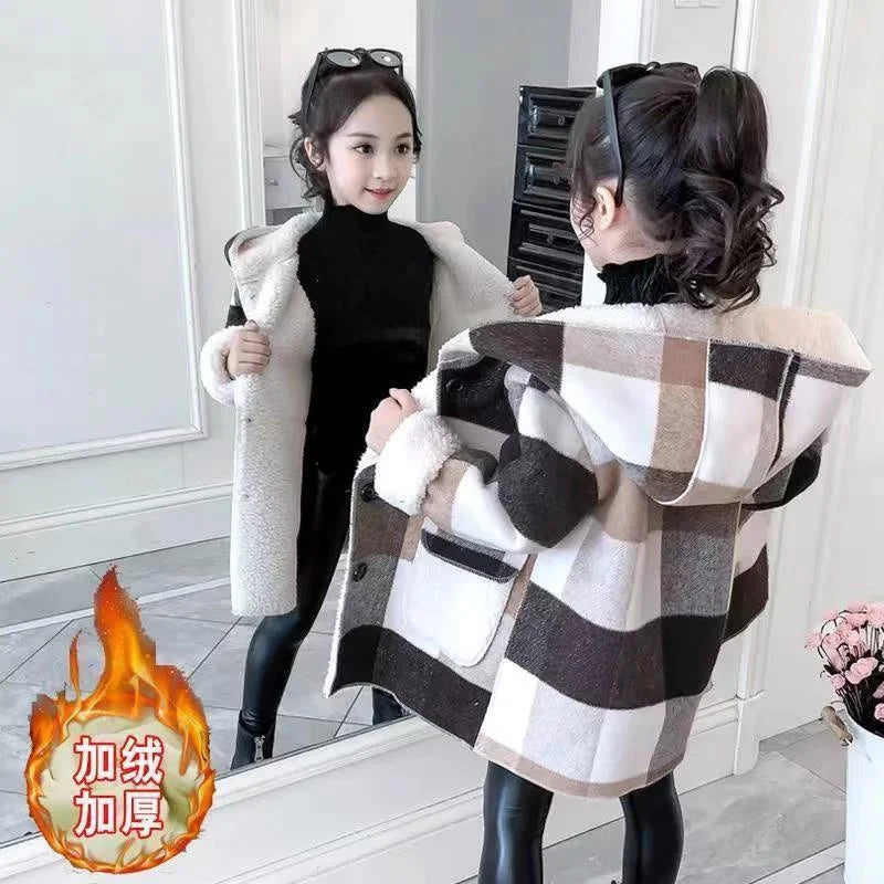 Winter Girls Lamb Fleece Coat Warm Hooded Outerwear Fashion Woolen Long Coat Children Clothing Teeange Girls Jackets 4-12Y