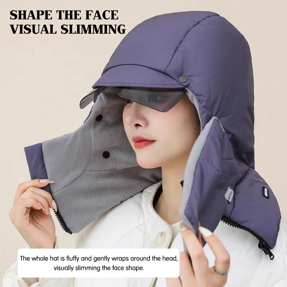 Winter Ski Hat Warm Windproof Full Cover Balaclava Mask with Glasses Adjustable Thermal Plush Thickened Unisex Motorcycle Mask