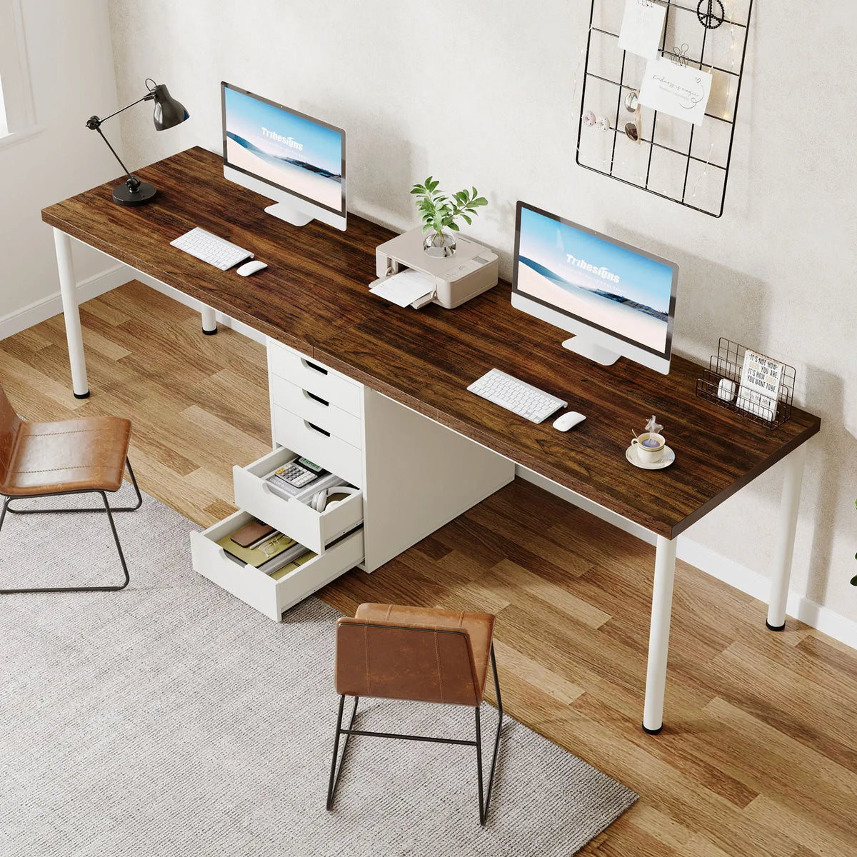 Tribesigns   Two Person Computer Desk With 5 Drawers Study Writing Table Workstation Modern Simple Double Computer Desk