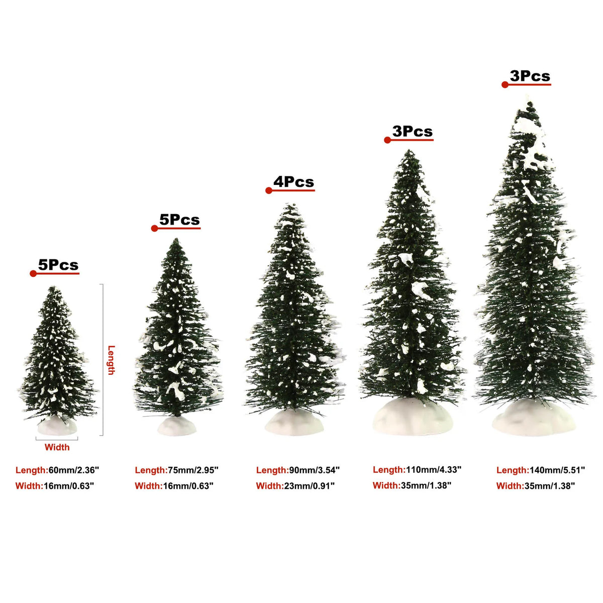 Evemodel 20pcs Snowy Pine Trees Miniature Christmas Trees Covered Snow with White Bases for Christmas Home Party Decor XS0804