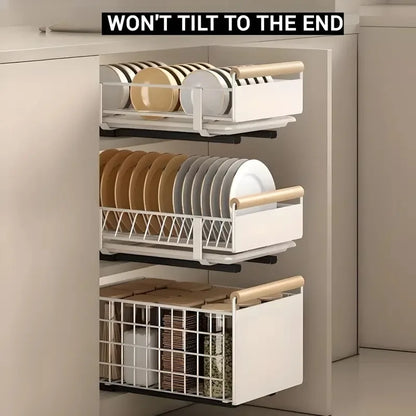 Pull-Out Kitchen Storage Rack - Carbon Steel Dish Rack with Sliding Drawers for Dishes, Cutlery, and Condiment Storage Organizer