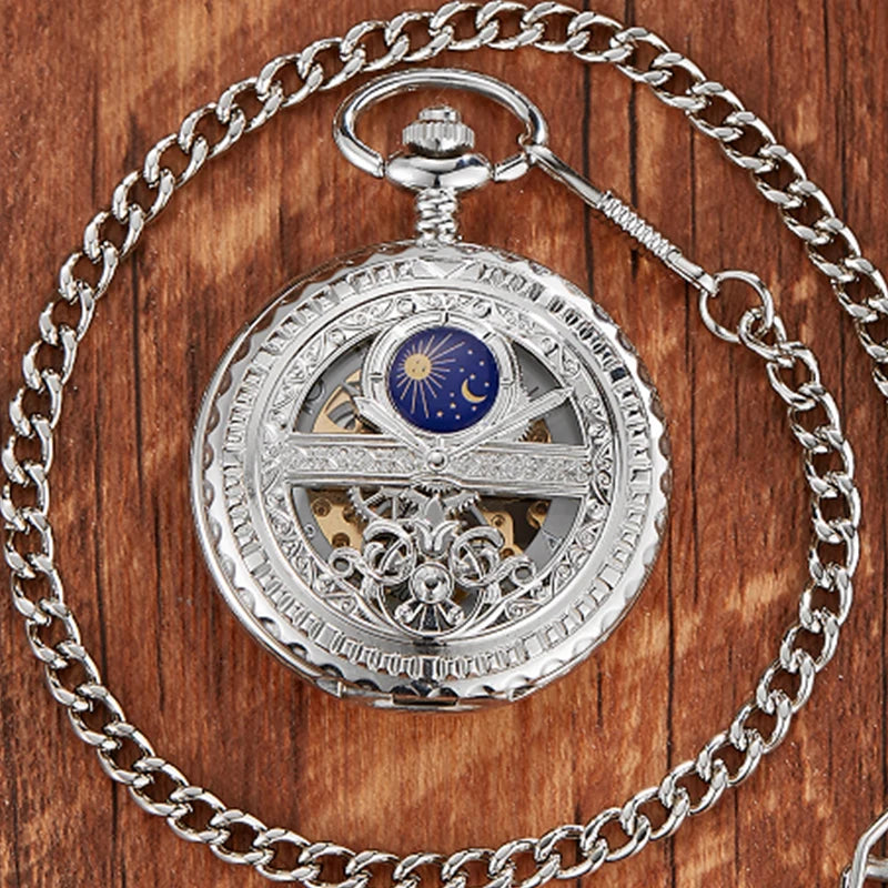 Vintage Gold Skeleton Mechanical Pocket Watch Engraved Star Moon Case Hollow Dial  Hand Wind Fob Watch with Chain for Men Women